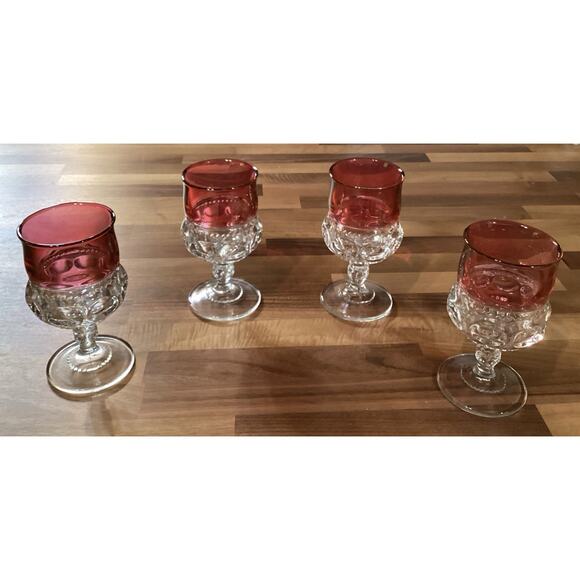 4 Vintage Tiffin Glass King’s Crown Flashed Cranberry Thumbprint Wine Glasses - Picture 3 of 9